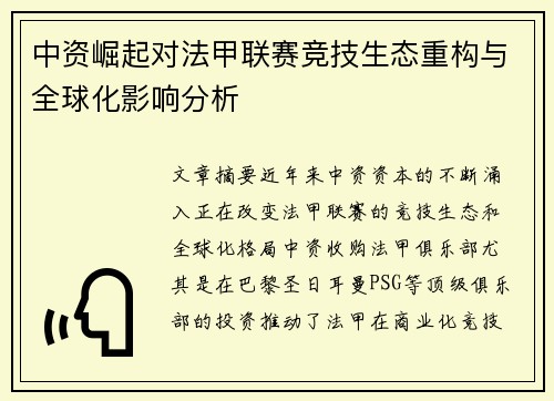中资崛起对法甲联赛竞技生态重构与全球化影响分析