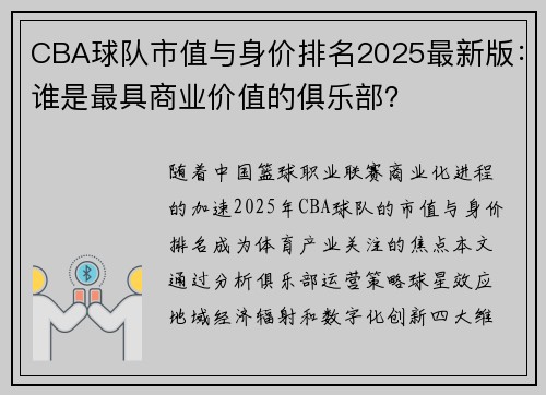 CBA球队市值与身价排名2025最新版：谁是最具商业价值的俱乐部？